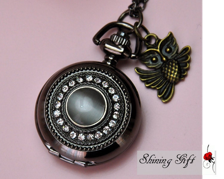vintage style cat's eye Crystal Pocket watch Locket Necklace, with a cute Owl