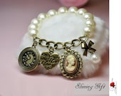 vintage pendant bracelet, Clock dial, love heart, The Queen's head, with pearls