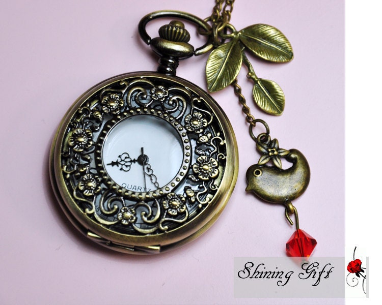 Victorian Curved flower Pocket Watch Necklace, leaf and bird and red crystal  (Big Size)