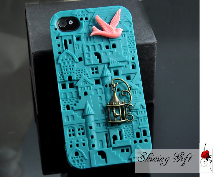 Blue European Style Building with Bird and Birdcage Hard Case for Apple iPhone 4 Case, iPhone 4s Case, iPhone 4 Hard Case, iPhone Case