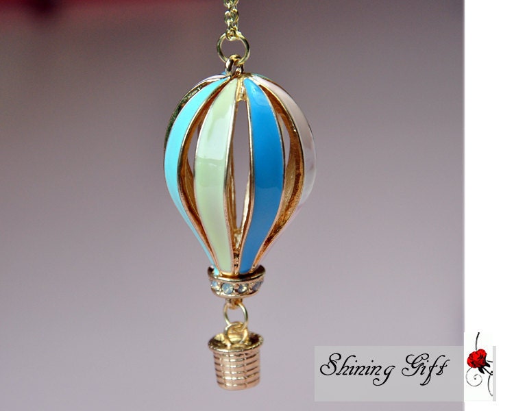 Hot Air Balloon Necklace, Pendant of color Hot Air Balloon on Gold Chain