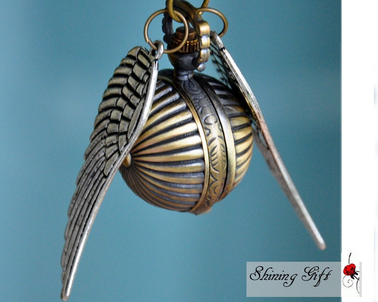 Sale-Enchanted Golden Snitch WATCH necklace sliver Double side wings harry potter-Deathly Hallows