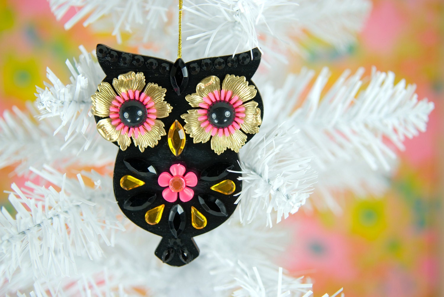 Black Owl Christmas Ornament Decoration Hand Painted Wood Jeweled