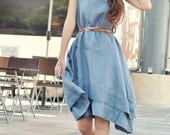 Knee Length Sundress Two Layers Vest Dress in Grey-blue Summer Dress Custom Made - NC056