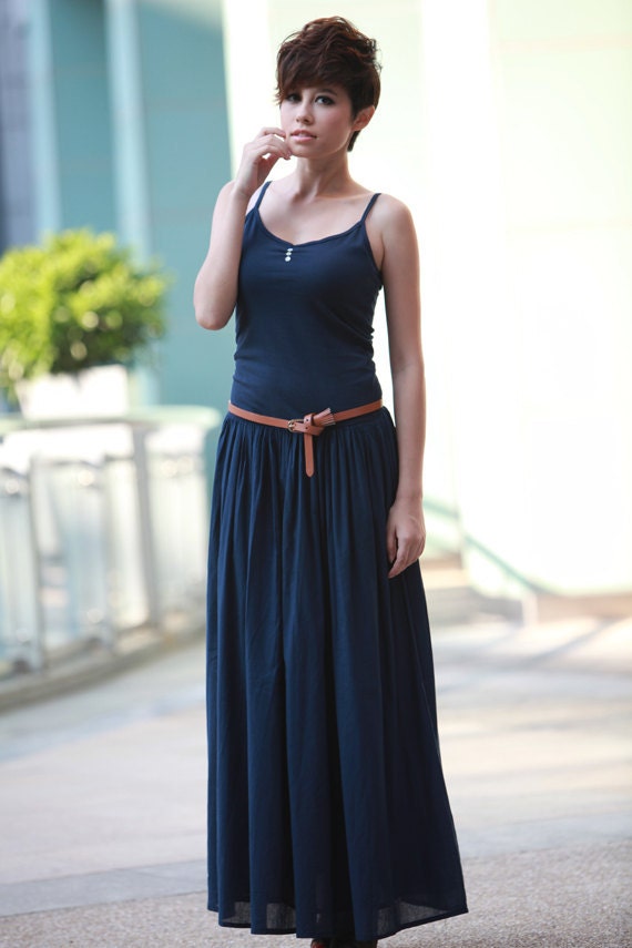 Pleated Maxi Dress in Dark Blue Sexy Montage Long Pleat Vest Sundress Custom made for Women - NC089