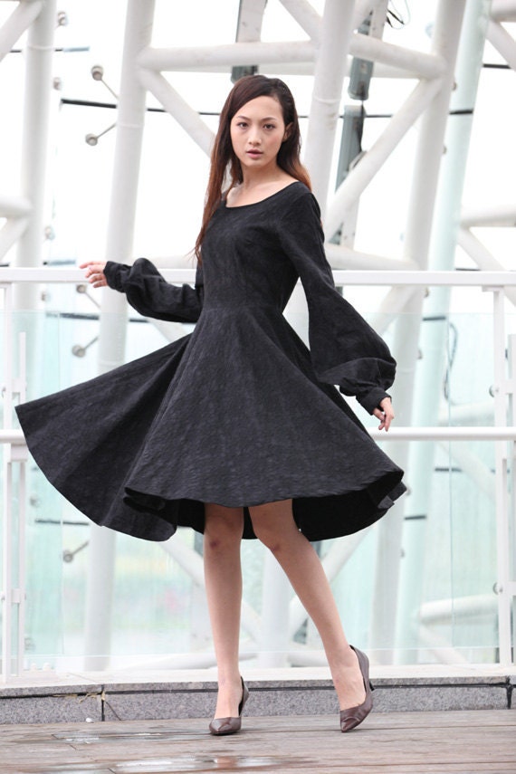 Black Big Sweep Long Puff Sleeve Dress for Women -Custom Made - NC213