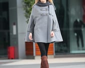 Grey Hoodie Cashmere Coat Double Breasted Hooded Wool Winter Cape Coat Wool Winter Jacket for Women - NC254