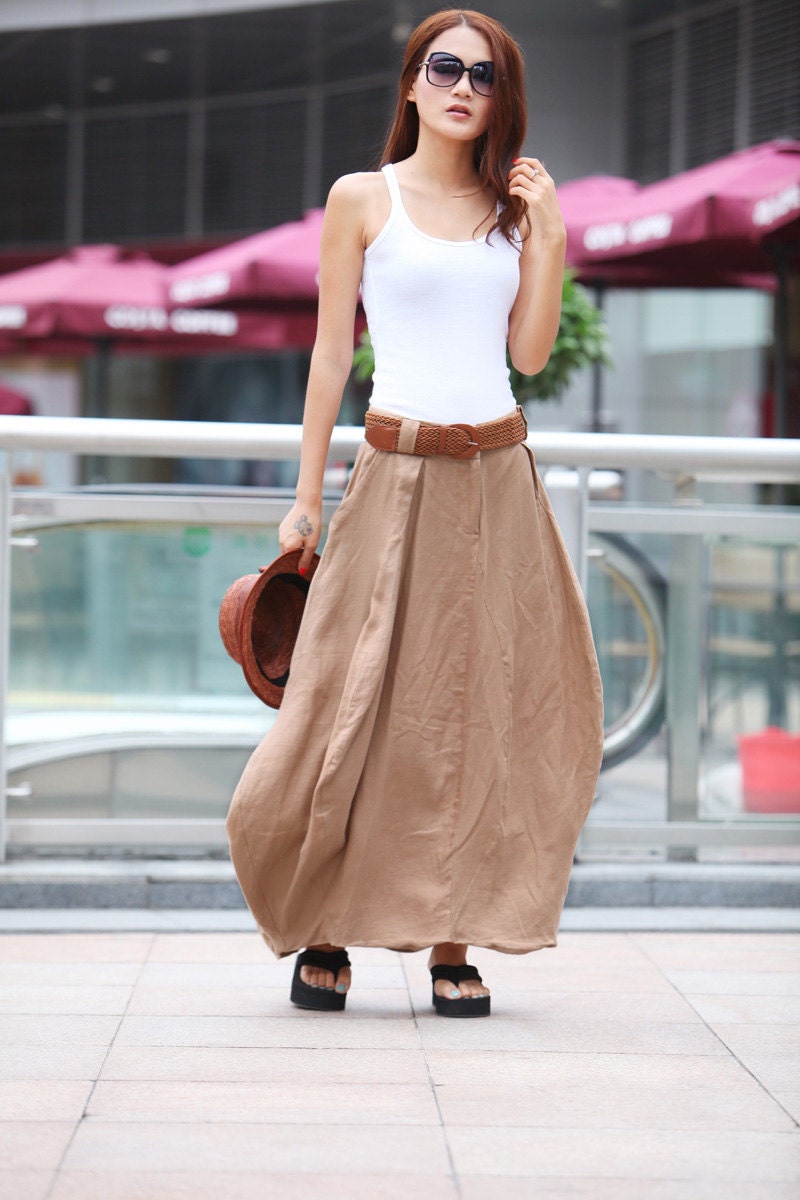 Romantic Khaki Pretty Linen Bud Long Maxi Skirt - NC341
