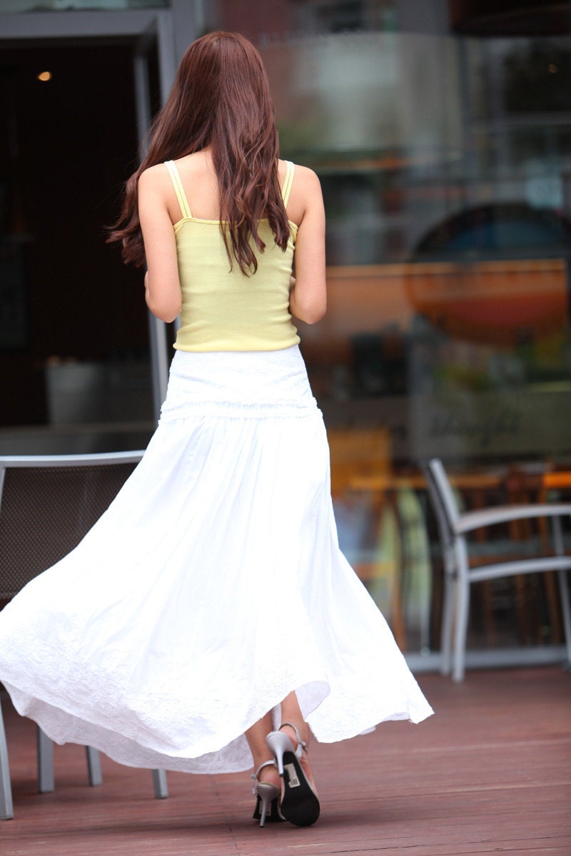 Summer Maxi Skirt Embroidery Long Cotton Skirt For Womem in White - NC349