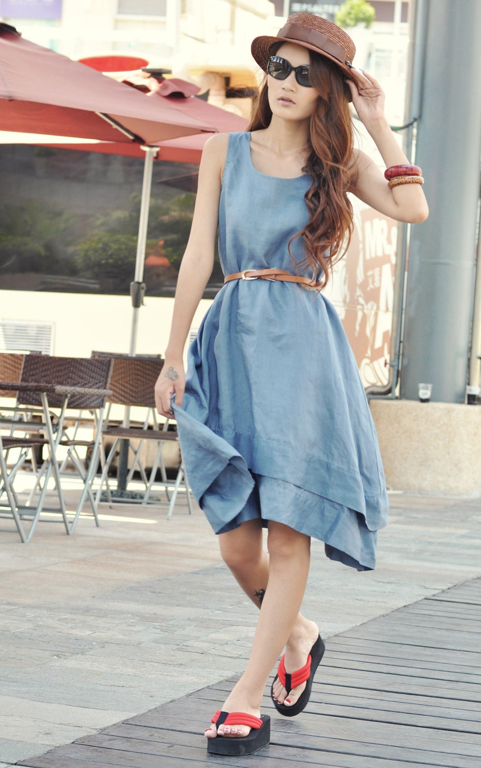 Knee Length Sundress Two Layers Vest Dress in Grey-blue Summer Dress Custom Made - NC056