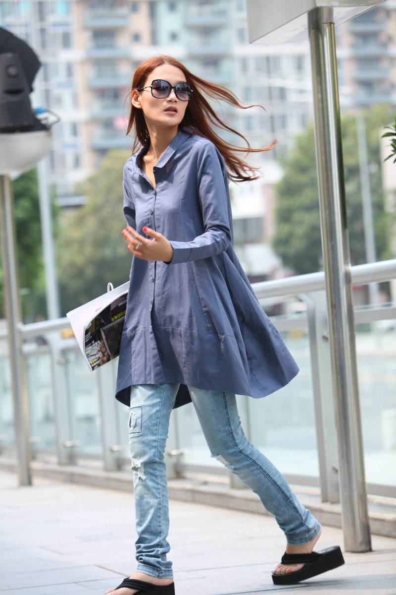 Spring Dress Long Sleeve Dress Shirt Loose Fitting Blouse Long Shirt Dress in Grey Blue - NC326