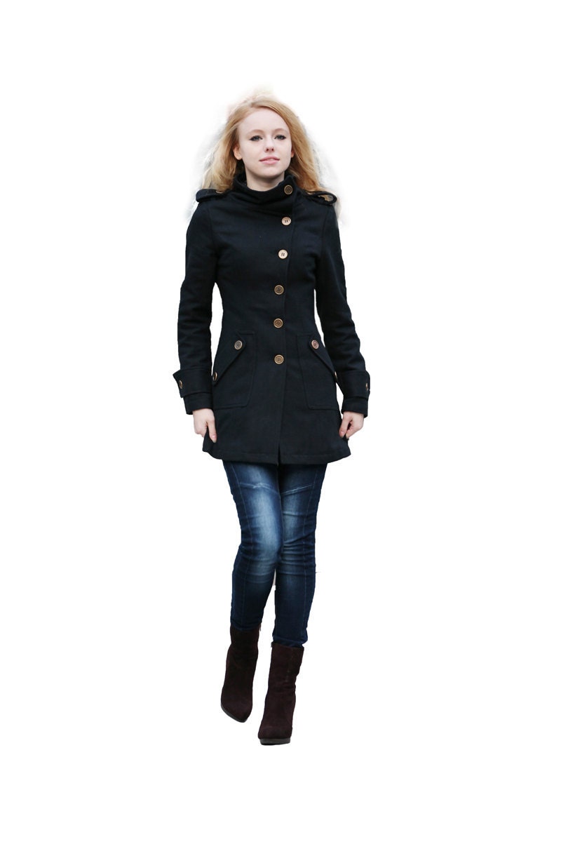 Black Coat Fitted Military Jacket Winter Wool Jacket Casual Cashmere Women Coat - Custom made - NC261