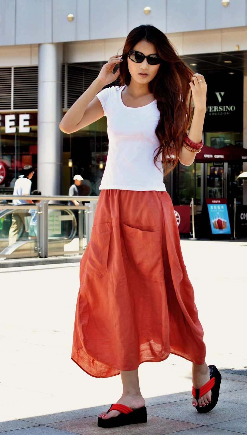 Lagenlook Maxi Skirt in Orange Two Big Pockets Elastic Waist Skirt - NC048