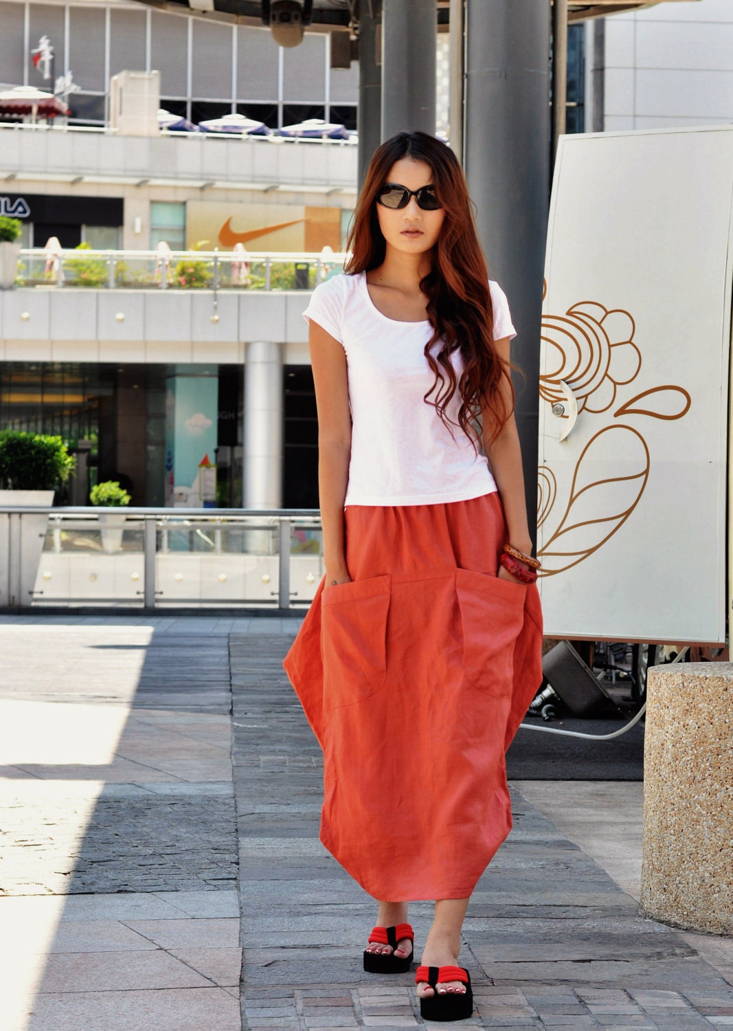 Lagenlook Maxi Skirt in Orange Two Big Pockets Elastic Waist Skirt - NC048