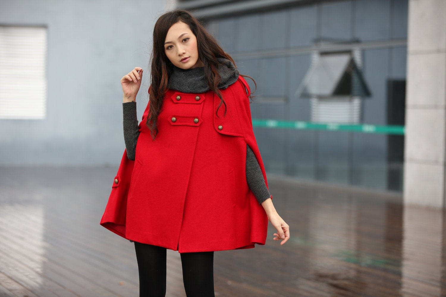 Red Coat Military Double Breasted Button Hooded Cashmere Coat Hoodie Wool Winter Cape Coat Hood Cloak Women Jacket - NC228