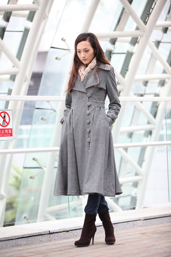 Grey Cashmere Coat Big Sweep Women Wool Winter Coat Long Jacket Tunic / Fast Shipping - NC222