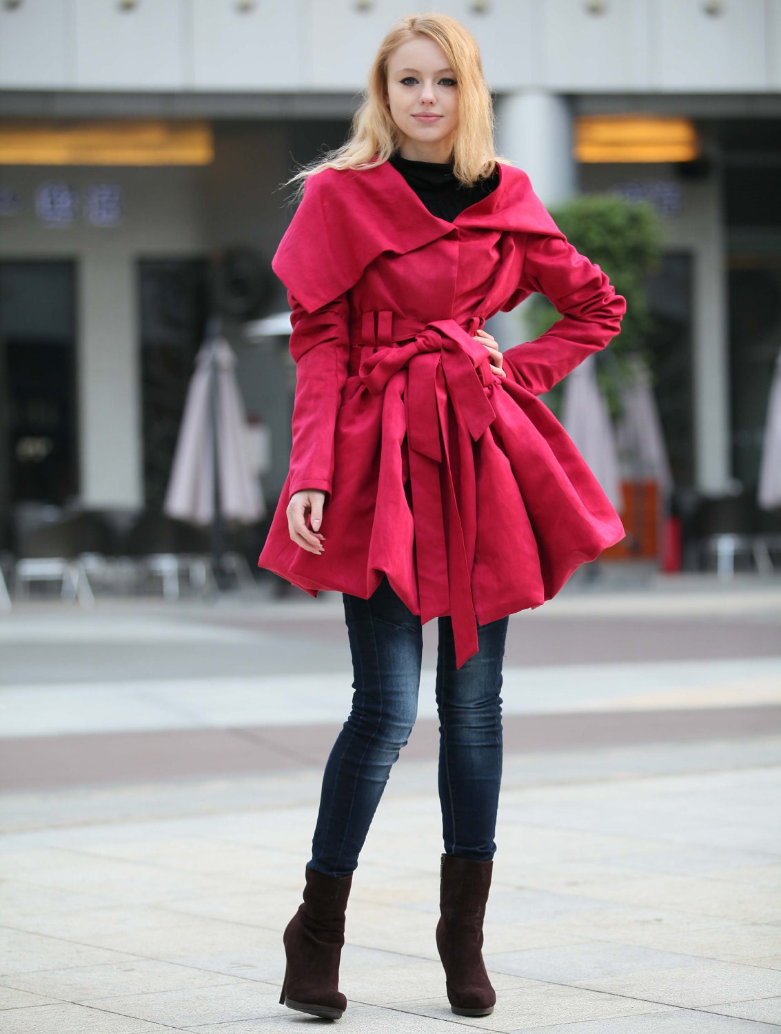 Rose Red Hooded Jacket Fluffy Artificial Suede Leather Hoodie Spring Trench Coat Autumn Coat long sleeves custom Women Tunic - NC266