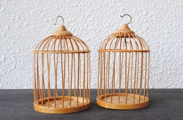 Vintage Wood Birdcages, Small Rattan Dome Bird Cage Pair