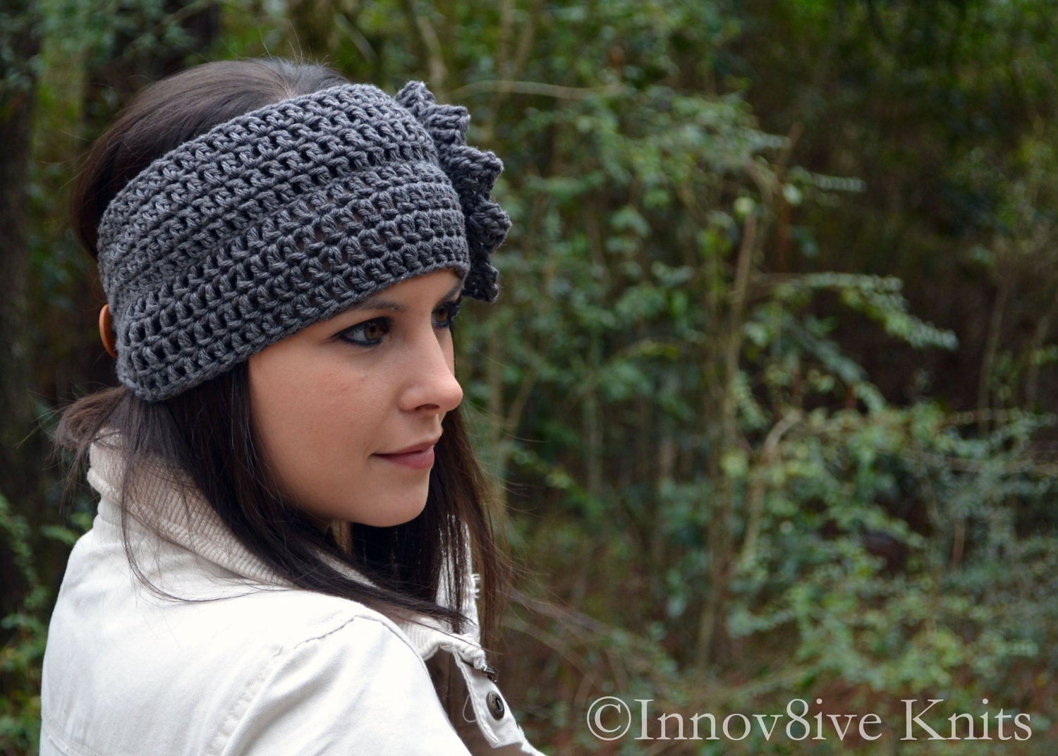 Hand Crochet Ear Warmer - Headband - with Pinwheel Flower in Heather Grey 100% Cotton for Women - SALE