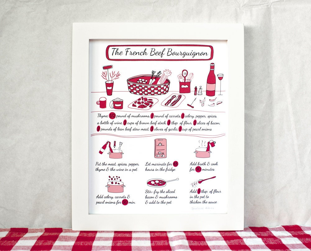 French Food Poster - Kitchen Art Recipe illustration ''French Beef Bourguignon' 8x10 Red Dad men