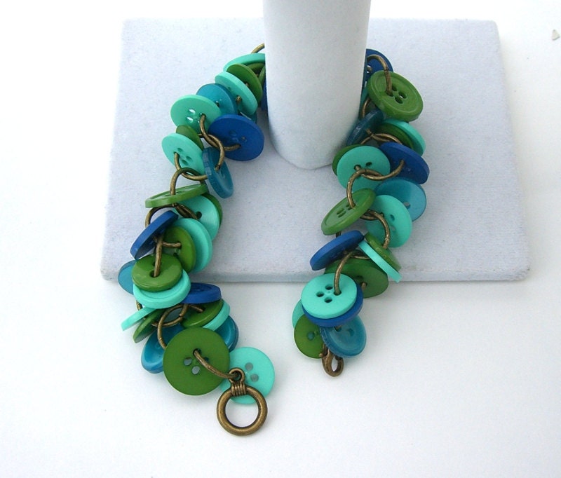 Button Bracelet, Blue, Turquoise, Lime Green, Chunky Bracelet