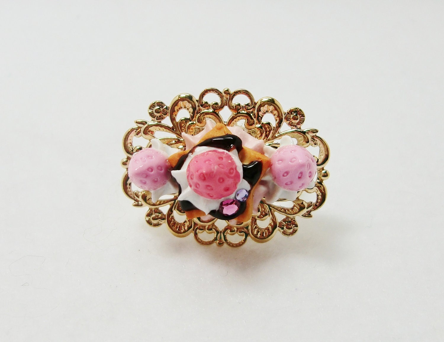 Miniature pink strawberry cream cookie polymer clay gold ring