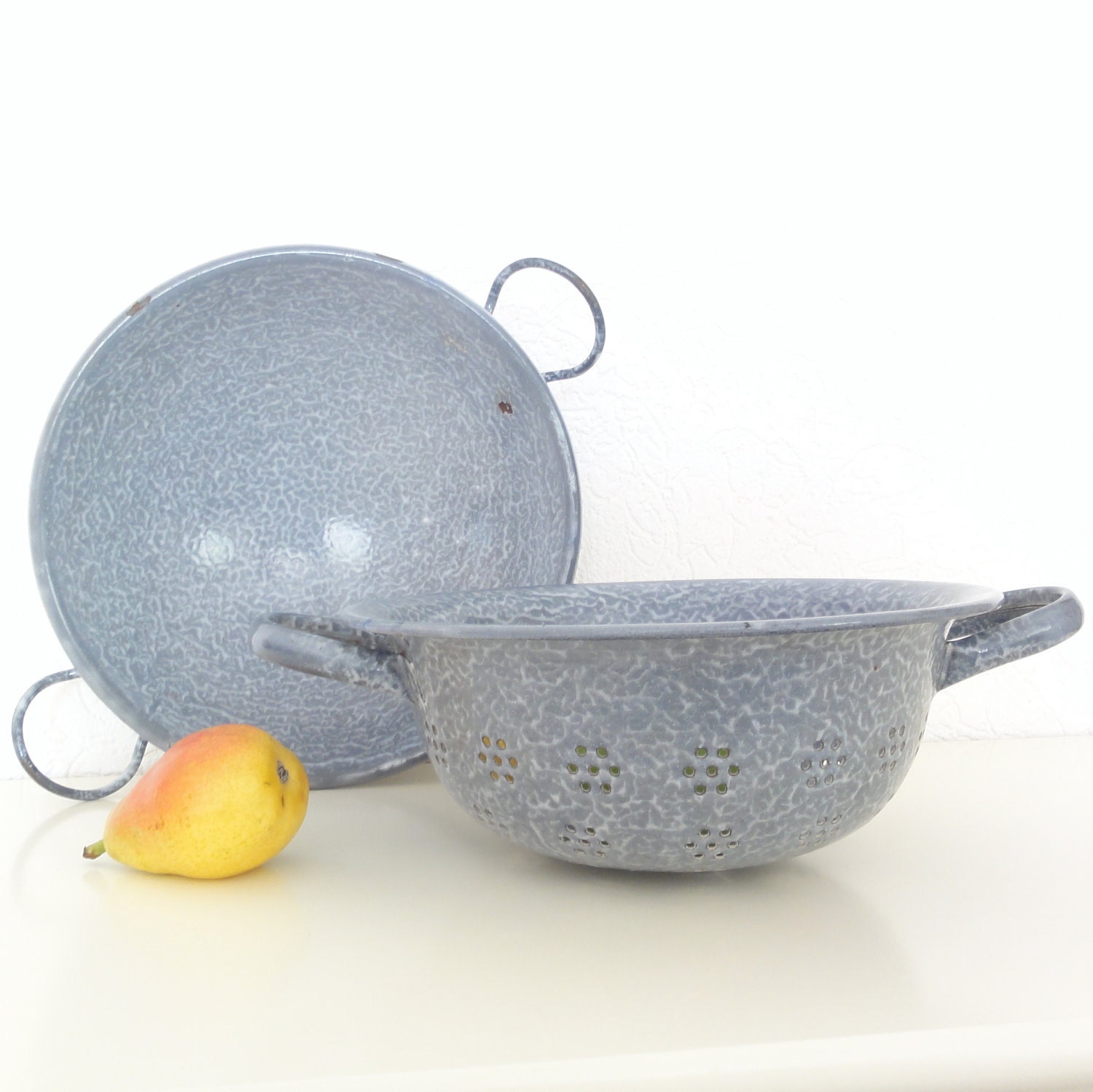 Vintage Colander and Bowl Enamel Graniteware Gray Perfect for your Kitchen