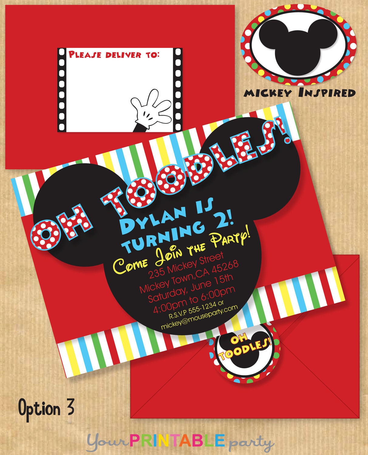 Mickey Mouse Inspired Deluxe Birthday Party INVITATION 5x7" with Address Labels also now includes Envelope Template - Print yourself