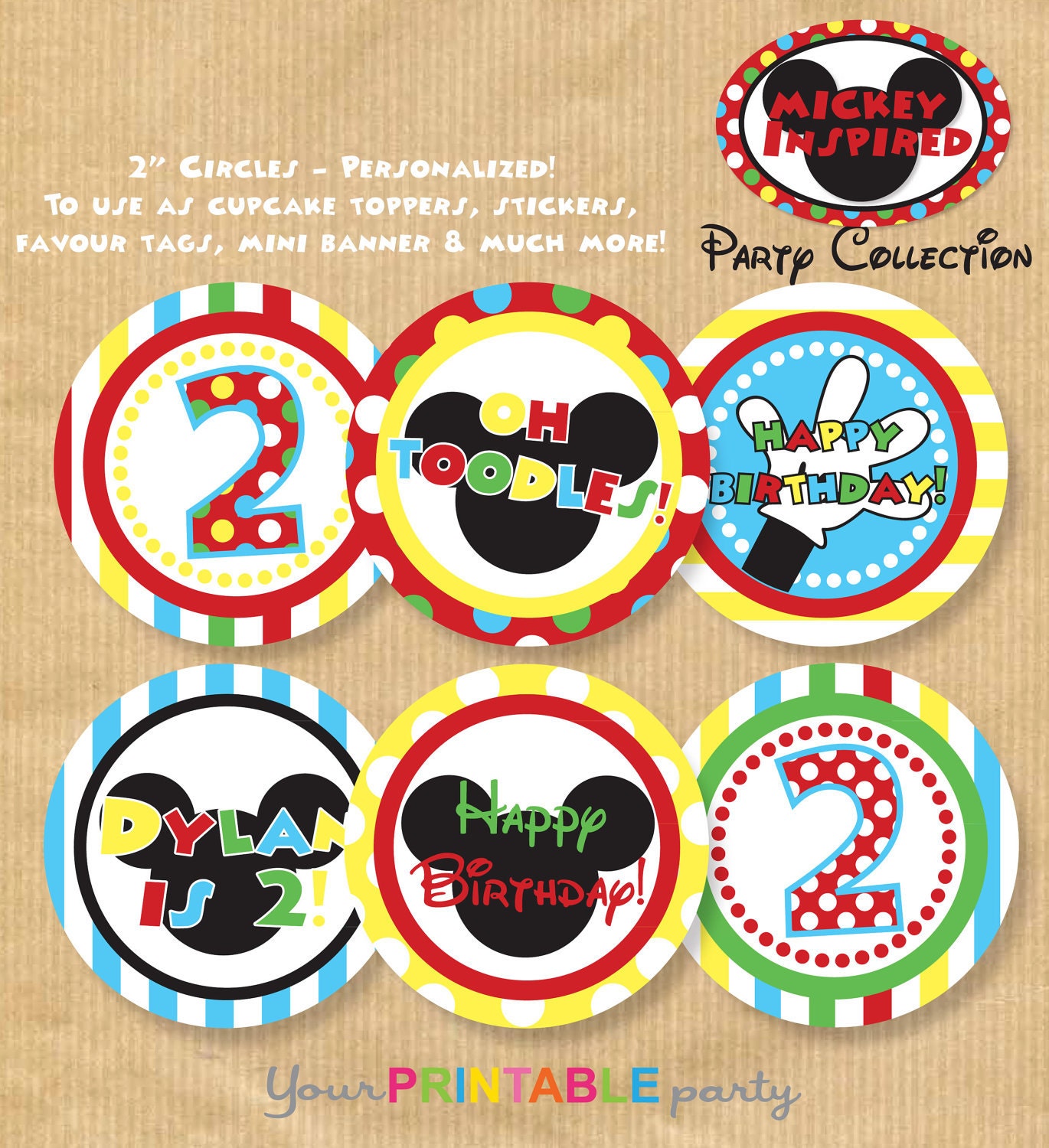 Mickey Mouse inspired Cupcake Toppers/ Favour Tags/ Stickers etc & Cupcake Wrappers - PERSONALIZED - Print yourself