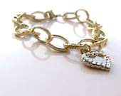 Textured Big Link Bracelet. Swarovski Studded Heart Charm Bracelet