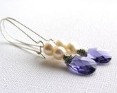 Long Pearls And Tanzanite Earrings. Dangle Silver Plated Earrings Hook French Earwires. Bridal or Bridesmaids Accessory