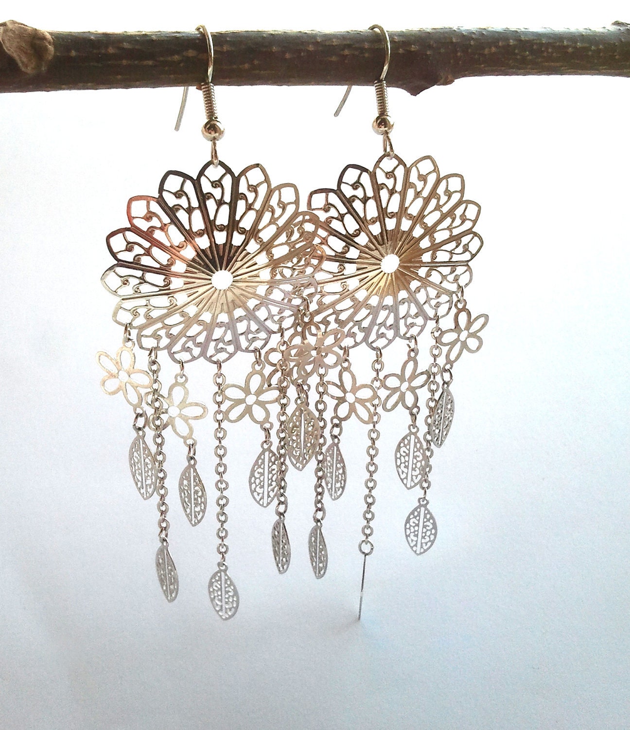 Lace Earrings. Silver Plated Lace Earrings Patterned  Dangle Chandelier
