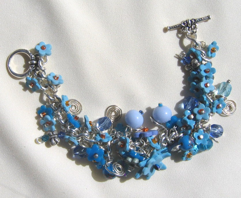Charm Bracelet Blue Forget Me Not Statement Jewelry
