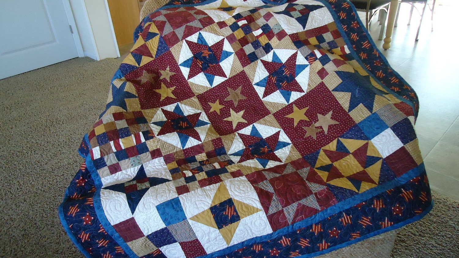Americana Lap Quilt,Large Quilt, Stars Quilt, Handmade Quilt