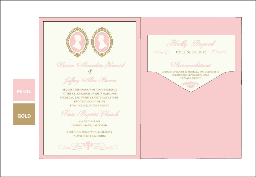 Set of 10 Vintage Cameo Pink Silhouette Design Wedding Invitations