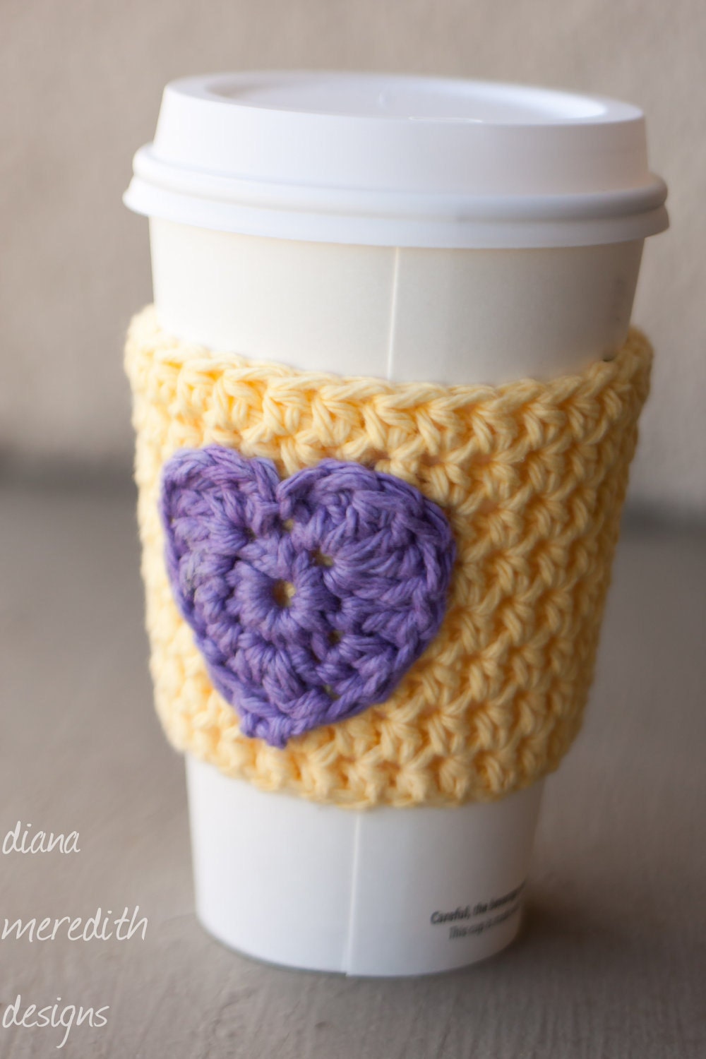 Crochet Coffee Cozy - Yellow with Purple Heart