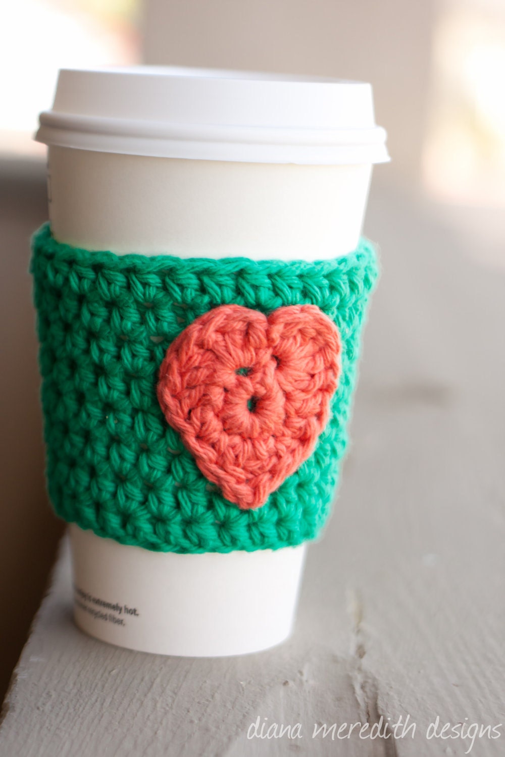 Crochet Coffee Cozy - Green with Coral Heart