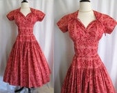 Vintage 1950s I love Lucy, Hawaiian Pattern  Dress with Pink Orchid Floral Print - Size S