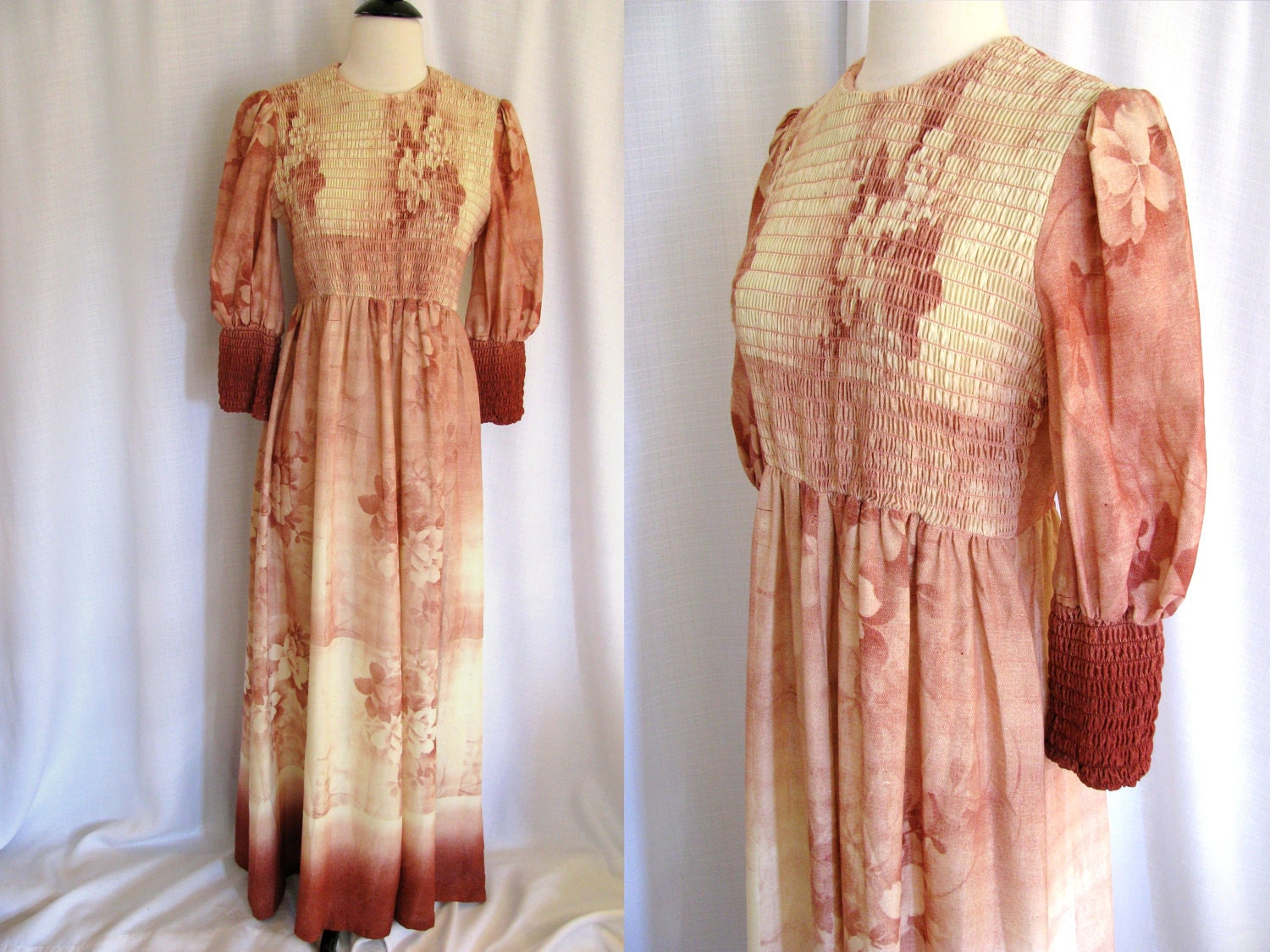 Sale - Vintage 1960s 70s Rag Dolls San Francisco Spray Paint Floral Peasant Maxi Dress - Hippie Boho Size M Medium