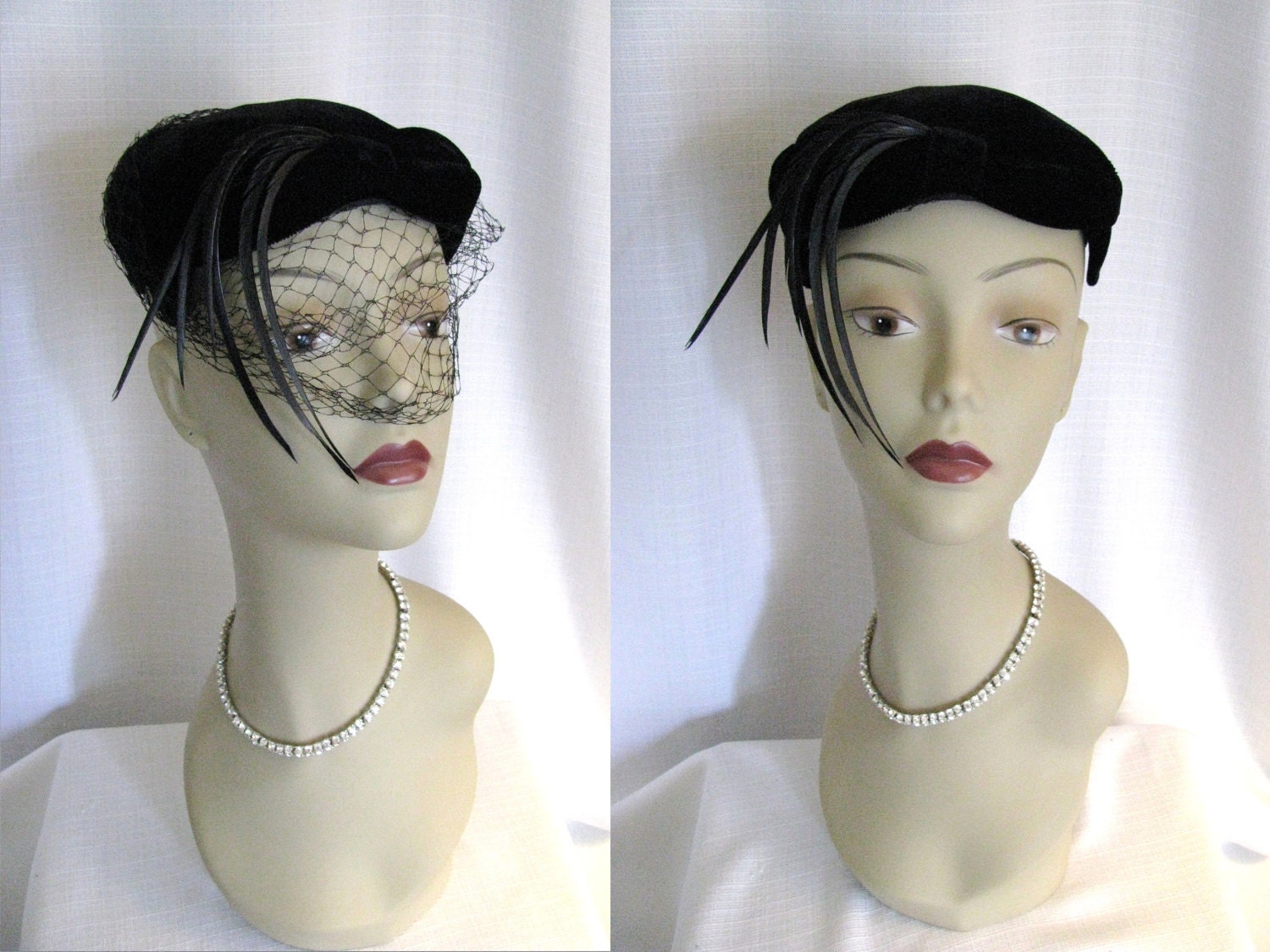 SALE - Vintage 1950s Black Velvet Hat with Feathers, Rhinestones, and Veil