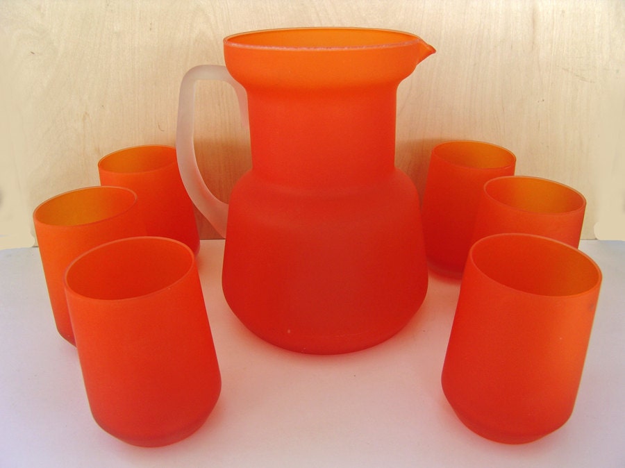 Vintage Frosted Orange Pitcher Glass set