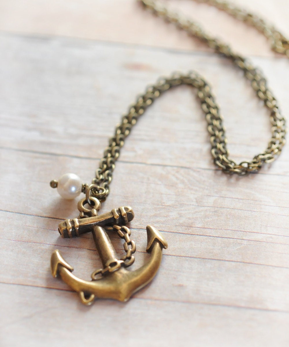Anchor Jewelry Anchor Necklace Nautical Jewelry Vintage Pearl Turquoise Czech Glass Preppy Beach Wedding