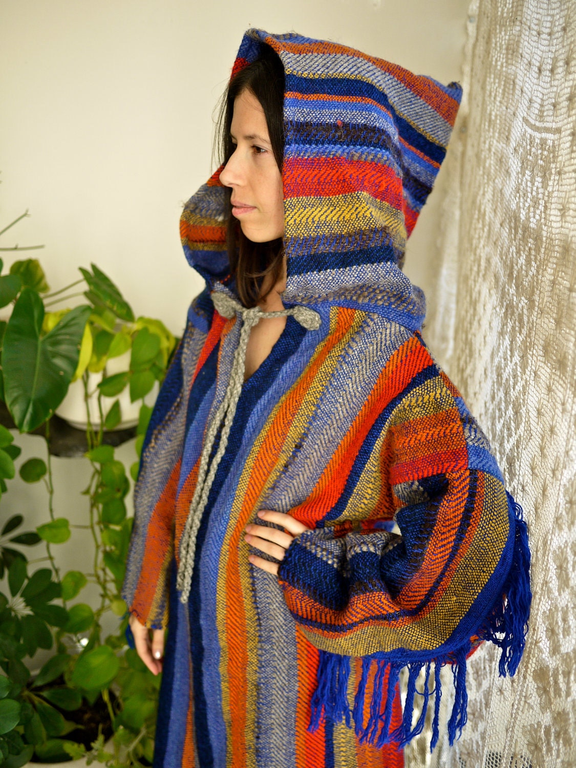 Unisex Hooded Shaman Baja with Blue Fringe Sleeves