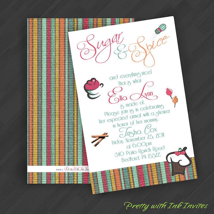 Sugar and Spice Invitations for Shower/Birthday/Sweet 16/Bachelorette/Children/Your Special Event (Shown in Pink/Teal/Orange/Yellow)