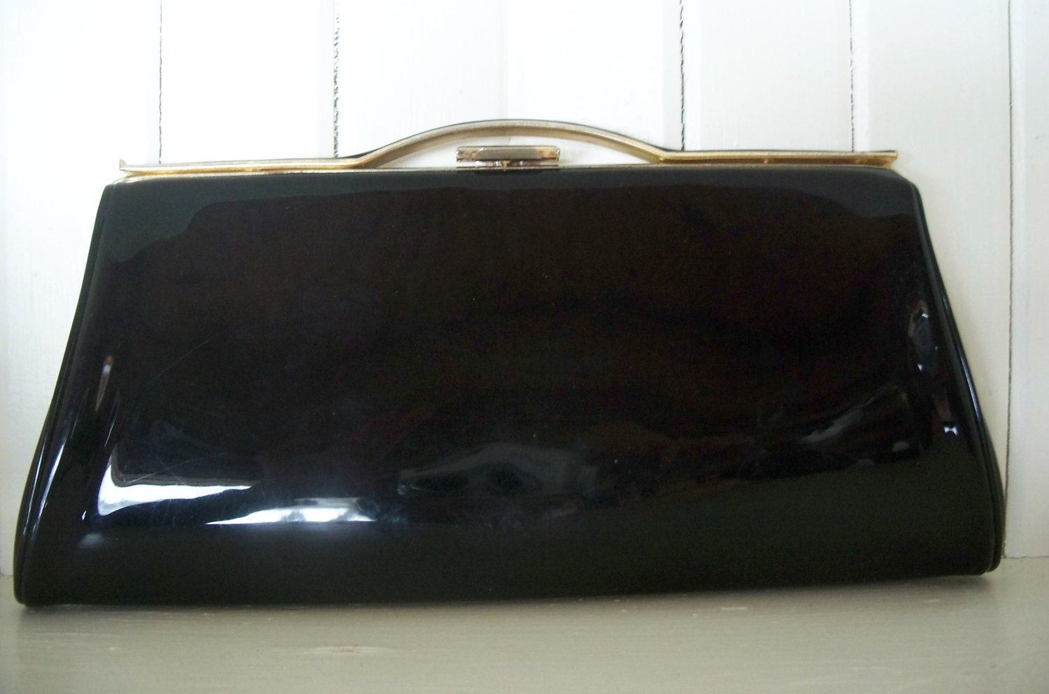 Vintage Patent Leather Black and Gold Clutch