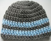 Hand Crocheted - Baby Boy - Grey and Baby Blue Striped Hat- Available In Sizes: Newborn-0/3mo-3/6mo-6/12mo - Photo Prop