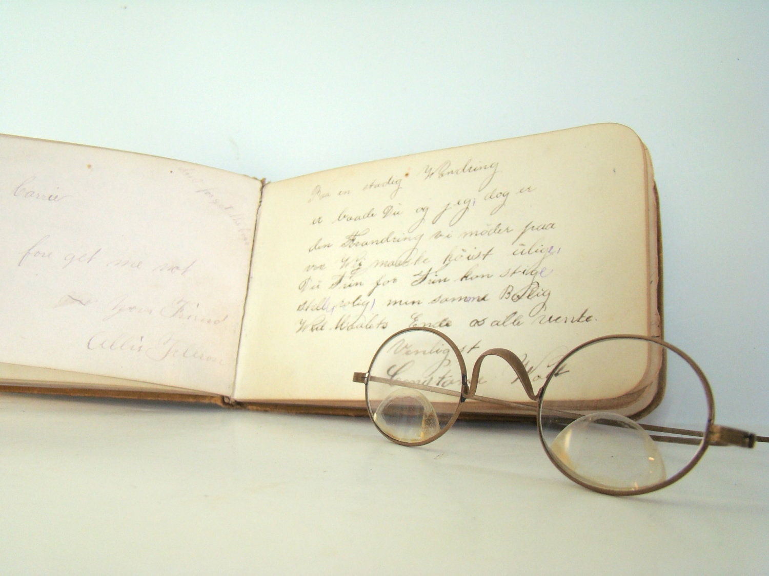 Home Decor Display - Vintage Bifocal Eyewear and 1880s Teacher Student Autograph Book