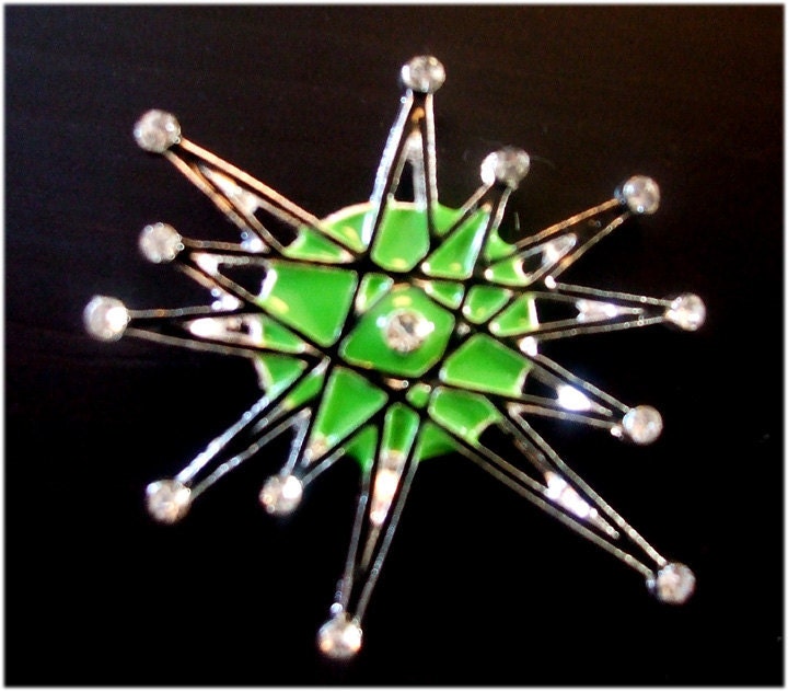 handpainted- ATOMIC STARBURST retro vintage look  franciscan BROOCH rhinestone pin jewelry pinup  star burst mid century sputnik