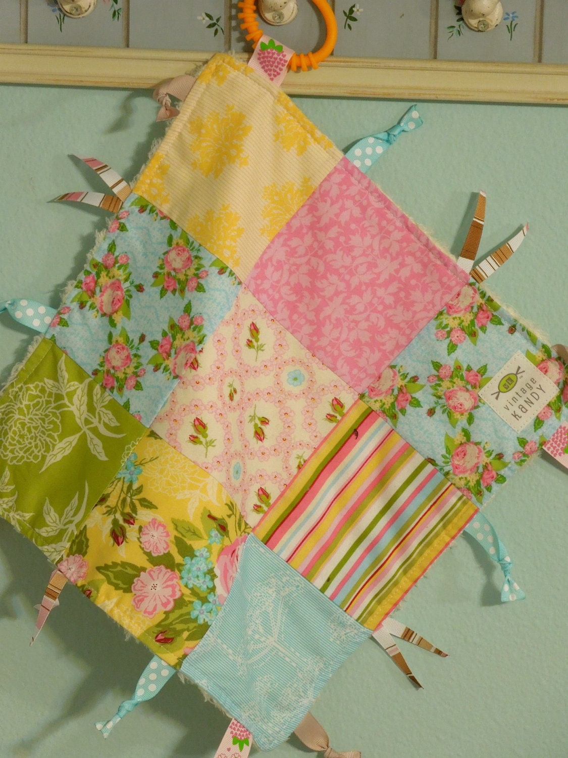 Reserved for Ashley - Baby Girl Ribbon Blanket Tag Lovey Shabby Chic "RIBbee" Patchwork Sensory Taggie Toy - Soft Minky Fleece Backing