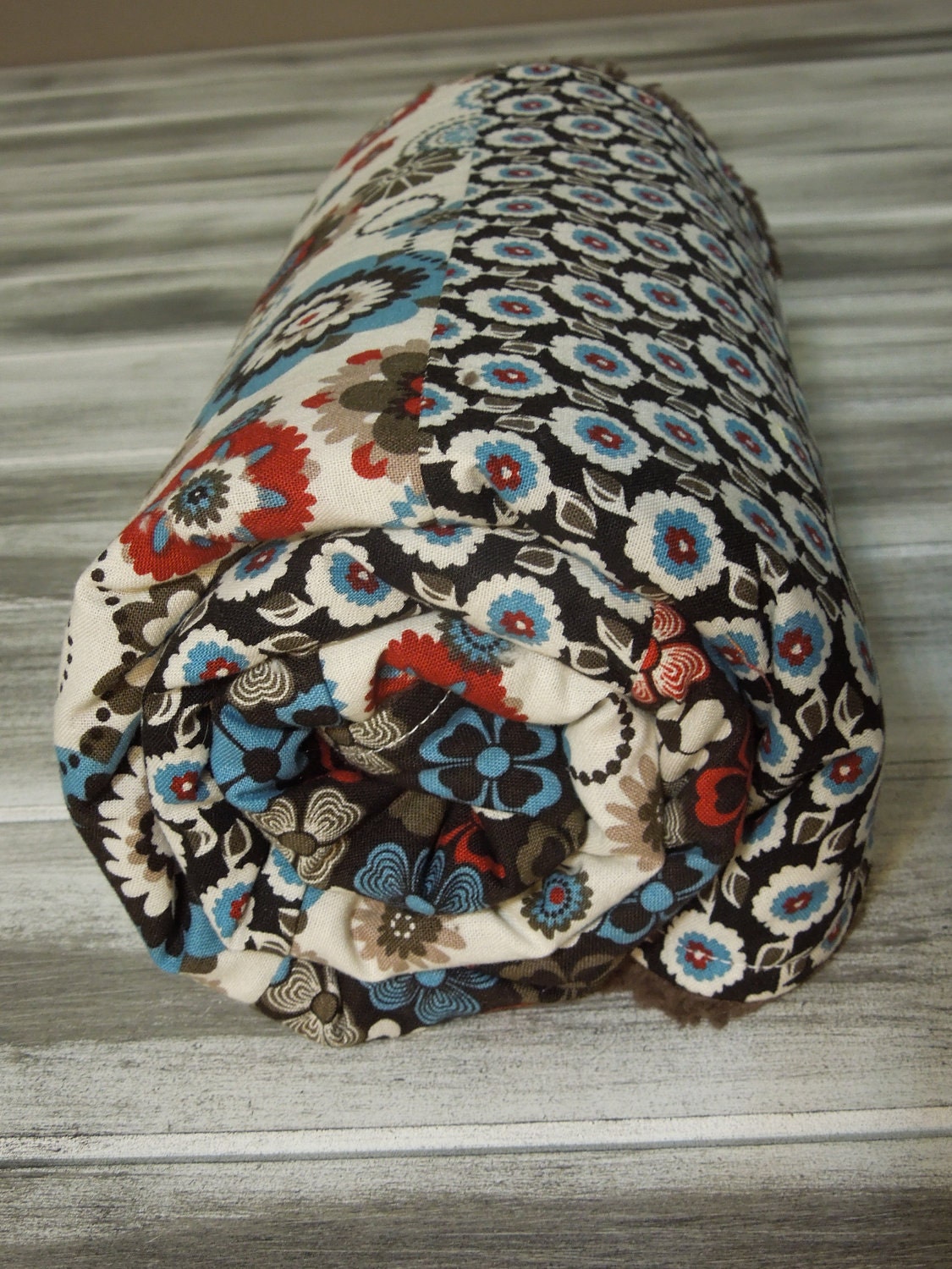 ON HOLD for CHRISTY-Baby Girl Modern Quilt/Blanket - Soft minky fleece backing (ready to ship) - modern whimsy- brown, black, blue,red